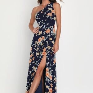 Lulus Elegant Admiration Navy Blue Floral One-shoulder Maxi Dress - Size M